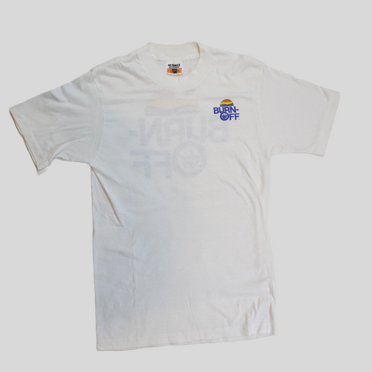 (M) Vintage 1980s SUNBELT Sportswear “BURN-OFF”Crew Neck T shirt White