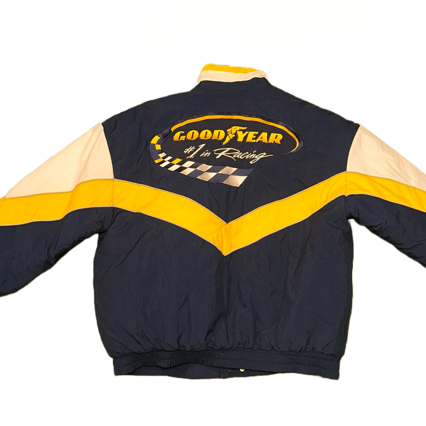 (XL) Vintage Goodyear Racing Jacket Navy Yellow Full Zip Bomber Lined